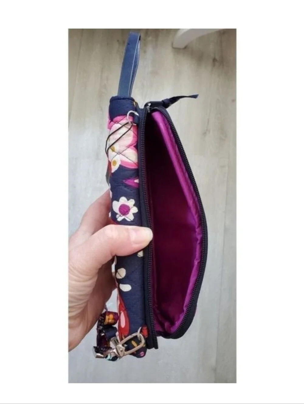 Vera Bradley Navy Wristlet with Pink, Coral & Yellow Floral Paisley